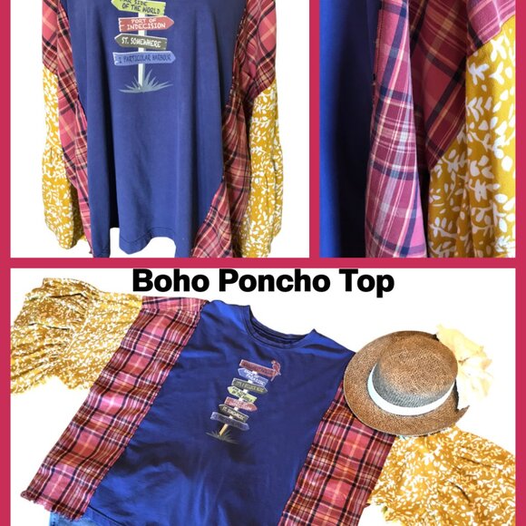 Upcycled Boho Poncho Fits XL-4X: Handmade Bohemian Tunic, Reworked Hippie Blouse - Picture 16 of 16